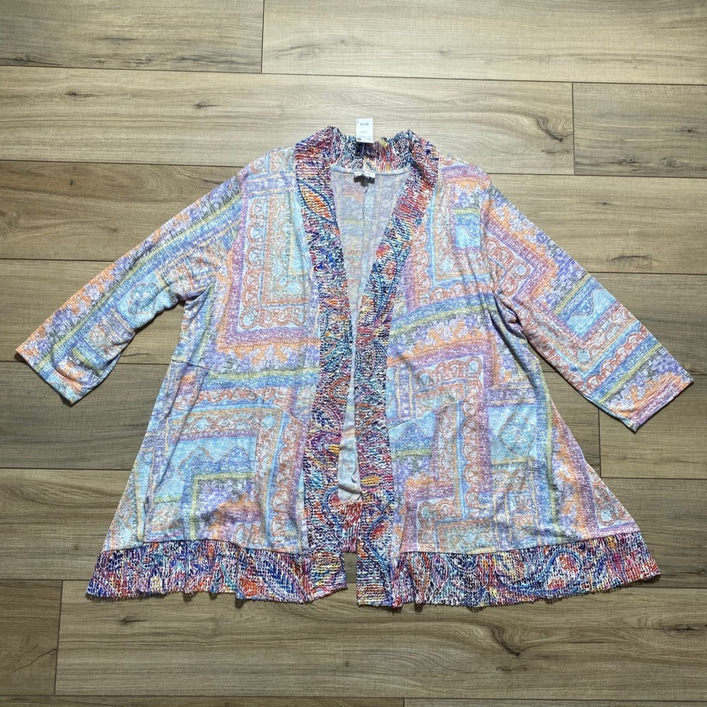 Avenue Women's 3/4 Sleeve Open Front Mesh Trim Cardigan Size 18/20 Multicolor